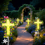 2 Pack Solar Flower Cross for Cemetery Grave, Grave Decorations for Cemetery Solar Crosses, Sympathy Memorial Gifts, for Garden Lawn Yard Patio Decor