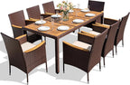 Devoko Outdoor Patio Dining Sets 9 Pieces Wicker Outdoor Dining Table and Chairs Set with Acacia Wood Table Top and Widened Armrests for Backyard, Garden, Deck (Brown)