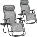 FDW Set of 2 Lawn Outdoor Deck Camping Folding Patio Beach Anti Recliner Pool Chair with Pillow and Cup Holder, Grey