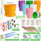 24 Set Garden Plastic Paintable Flower Pot Craft Kit 4" Starter Pots DIY Painting Party Supplies with Acrylic Paint Strips Gardening Kit for Planting Crafts Birthday Easter Spring Gift