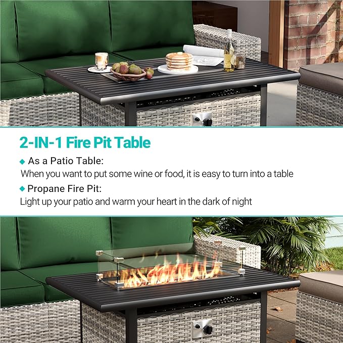 13-Piece Outdoor Patio Furniture Set with Rocking Swivel Chair, PE Wicker Rattan Sectional Sofa Patio Conversation Set with 55,000 BTU Fire Pit Table & Coffee Table, Green