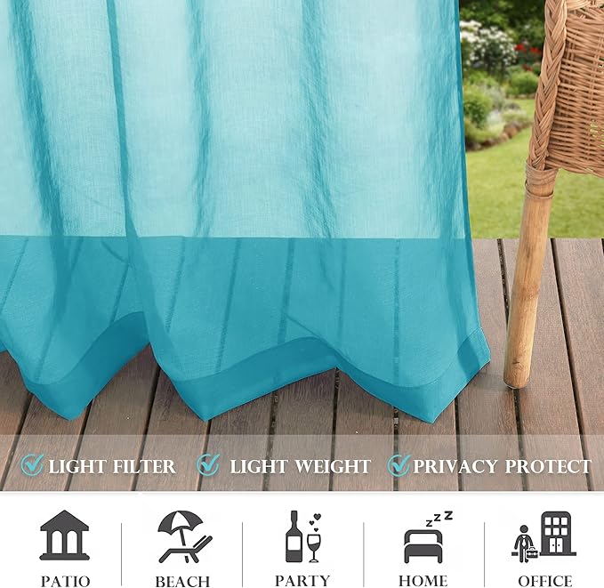 RYB HOME Outdoor Sheer Curtains Waterproof for Patio, Linen Look Semi Transparent Airy Drapes Sun Light Filter for Cabana Pavilion Balcony, 54 inch Wide by 96 inch Long, 2 Pcs, Teal