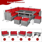 Tangkula 7 Pieces Patio Furniture Set, Outdoor Sectional Rattan Sofa Set with Cushions, All Weather Wicker Conversation Couch Set w/Dining Table & Ottomans for Backyard Garden Poolside