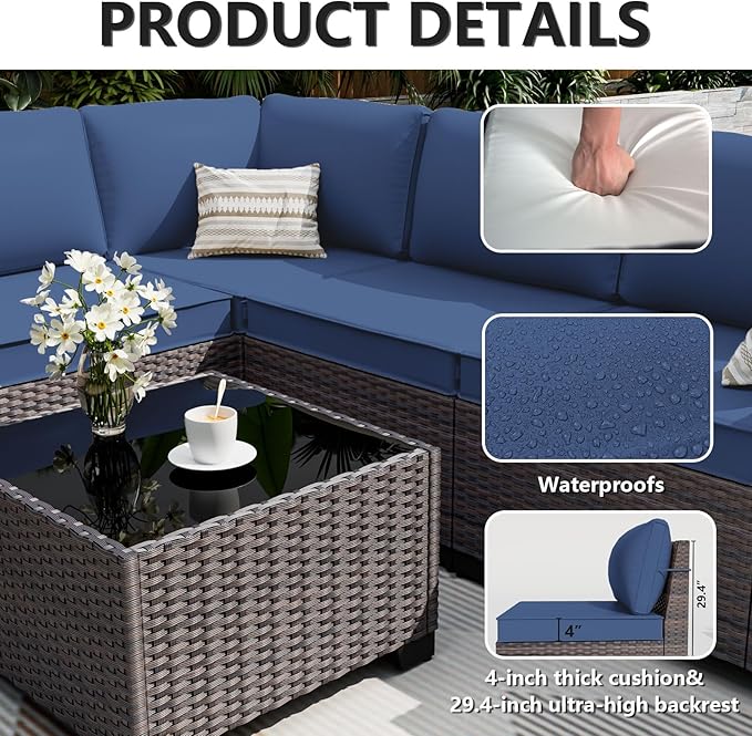 ALAULM 10 Pieces Patio Furniture Set with 2 Swivel Chairs Patio Furniture Outdoor Sectional Sofas with 55000 Gas Fire Pit Patio Conversation Set w/7 Cushions-Dark Blue