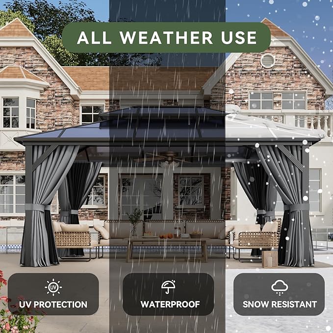 Aoxun 12'x16' Hardtop Gazebo, Aluminum Frame Permanent Pavilion with Curtains and Netting, Outdoor Polycarbonate Double Roof Canopy, Designed for Garden, Lawns, Patio