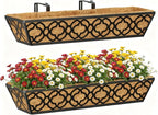 Y&M 24" Window Boxes Horse Trough with Coconut Coir Liner, 2pcs 24 Inch Window Deck with Coco Liner, Black Metal Hanging Flower Planter Window Basket Deck Railing Planter Boxes for Outdoor Indoor Lawn