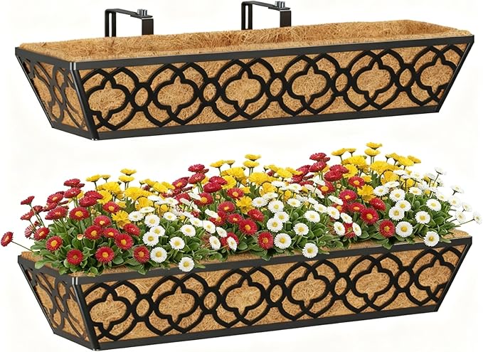 Y&M 24" Window Boxes Horse Trough with Coconut Coir Liner, 2pcs 24 Inch Window Deck with Coco Liner, Black Metal Hanging Flower Planter Window Basket Deck Railing Planter Boxes for Outdoor Indoor Lawn
