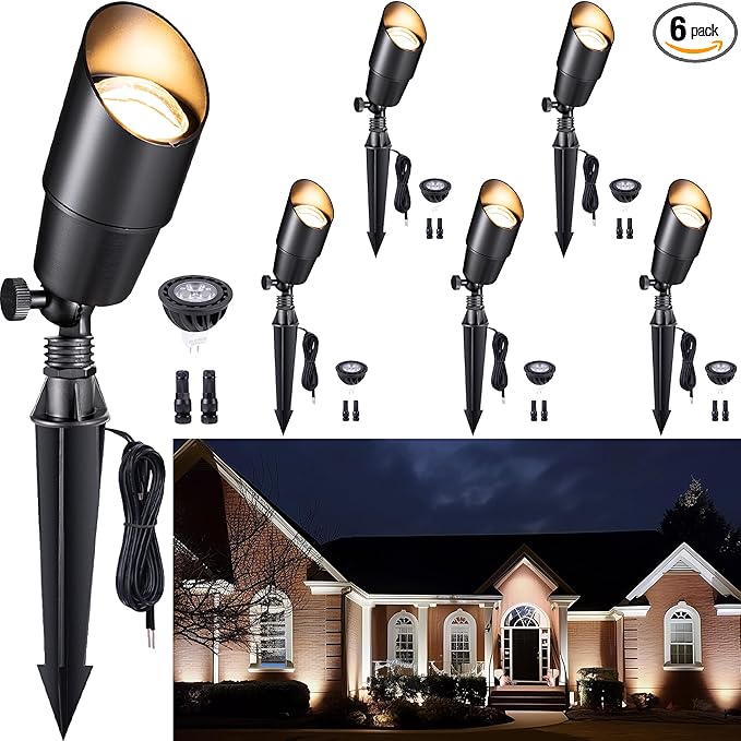 Gardenreet Solid Brass Spot Lights - Black Low Voltage Landscape Spotlight Outdoor, 12V LED Uplights Wired, Waterproof Electric for Patio Wall with 4000K Bright White MR16 Bulb (6 Pack)