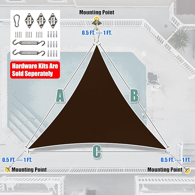 Amgo Custom Size 25' x 25' x 25' Brown Triangle Sun Shade Sail UPF50+ AGTAPRT12, Order to Make Canopy Awning, 95% UV Blockage, Water & Air Permeable, Commercial Standard (We Customize)