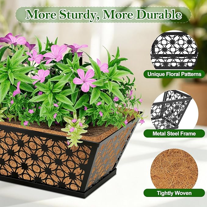SPECILITE 30" Window Boxes Planters, Heavy Duty Metal Railing Planter Boxes, Adjustable Balcony Planters for Railing Hanging, with Coco Liner & Tool Set for Deck, Porch, and Patio Gardening (4 Pack)