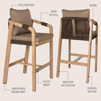 JONATHAN Y BSL1200C-SET2 Porto Modern Coastal Tub Roped Acacia Wood Outdoor Bar Stool with Cushions and Armrests, for Patio, Lawn, Backyard, Deck, Brown/Light Teak (Set of 2)