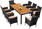 Greesum 9 Pieces Outdoor Patio Dining Set, Conversation Sets with 1 Table and 8 Rattan Chairs with Curved Acacia Wooden Armrests and Cushions, Black