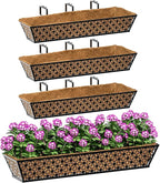 SPECILITE 30" Window Boxes Planters, Heavy Duty Metal Railing Planter Boxes, Adjustable Balcony Planters for Railing Hanging, with Coco Liner & Tool Set for Deck, Porch, and Patio Gardening (4 Pack)