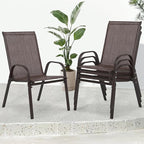 Outdoor Stackable Chairs Set of 4, Stacking Patio Chairs with Textilene Fabric, Outside Furniture for Garden Backyard Balconie Poolside Deck, Brown