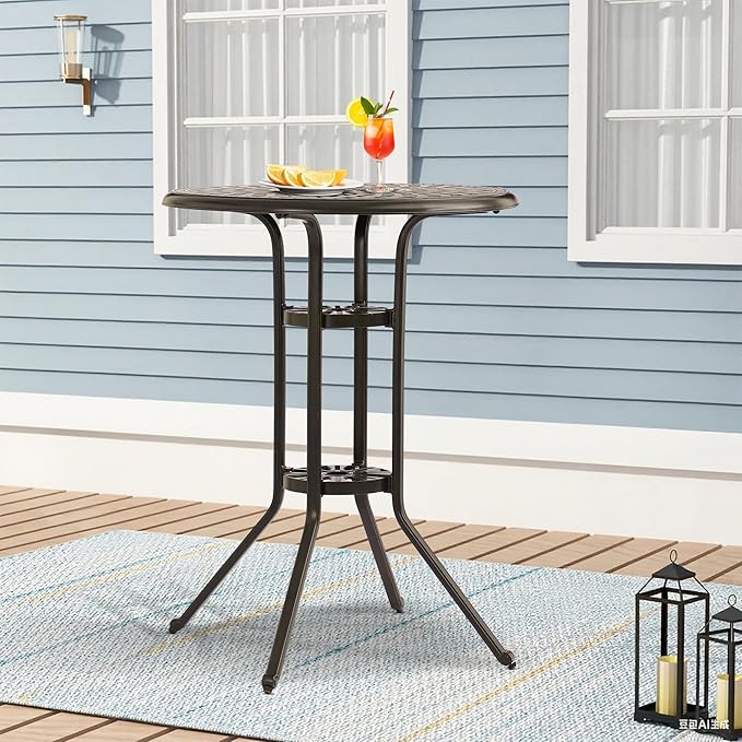 Patio Dining Table,Cast Aluminum Patio Tables with Umbrella Hole, Outdoor Bistro Table for Backyard, Garden, Patio (30" Round Table)
