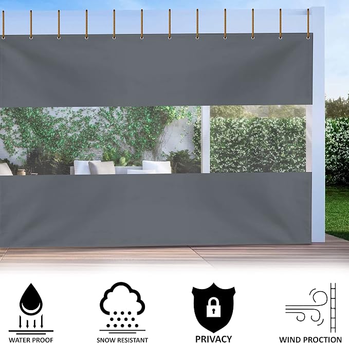Outdoor Curtains, 7 x 10 ft Gray Waterproof Clear Vinyl Panel with Grommets