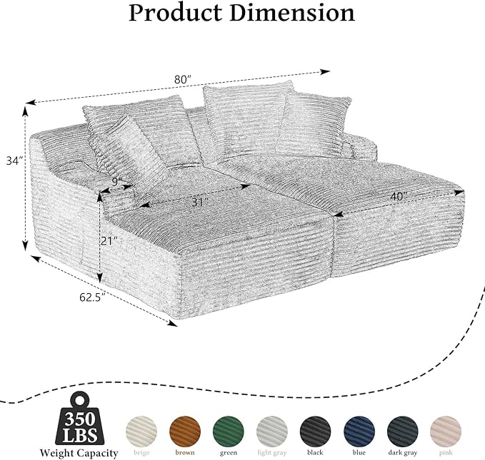80" Double Chaise Lounge Chair Indoor, Oversized Boneless Couch Comfy Upholstered Sleeper Sofa Bed with 4 Pillows, Corduroy Cloud Loveseat Chair for Living Room No Assembly Required, White