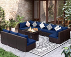 NICESOUL Modern Outdoor Patio Sectional Sofa Set with Firepit Natural Gas/Propane, 29.3'' High Back Wicker Conversation Set, 10 Seats Large Deep Seating Furniture, Brown Rattan and Navy Blue Cushion