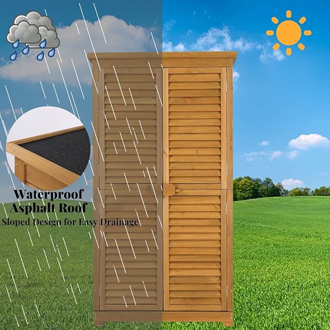 Outvita Outdoor Storage Cabinet, 63in Wooden Garden Tools Shed with 2 Lockable Doors, 3 Adjustable Shelves, Waterproof Roof for Yard Garge Patio Deck Porch, Natural