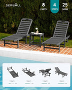 SERWALL Outdoor Chaise Lounge Set of 6, HDPE Pool Lounge Chair with 5-Position Adjustable Backrest, Patio Lounger with Rolling Wheels & Cup Holder for Pool, Grey