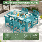HDPE Outdoor Dining Set, Patio Table and Chairs Set, All-Weather 5-Piece Outside Table and 4 Chairs, 2" Umbrella Hole, Outdoor Furniture for Garden, Poolside, Backyard, Deck | Lake Blue