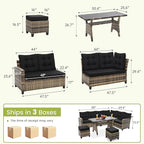 6-Piece Patio Furniture Set, Outdoor Sectional Sofa with Dining Table & Chairs, All-Weather Dining Set with Removable Cushion Covers, Ideal for Garden, Porch, Backyard, Black