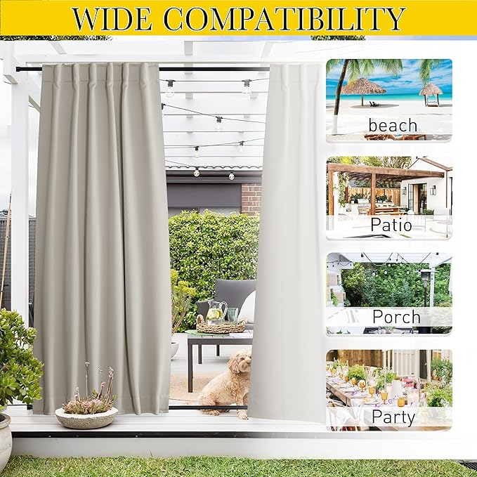 NICETOWN 2 Panels Outdoor Curtains Waterproof Pocket & Back Tab on Top & Bottom, Thermal Insulated Windproof Sun Blocking Outside Privacy Drapes for Patio with Fixed Rope, W84 x L95, Natural