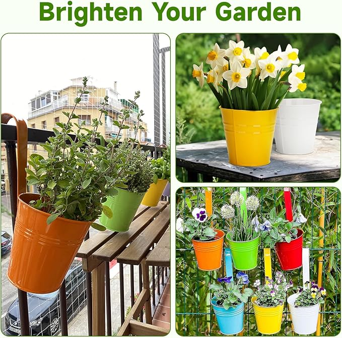 KINGLAKE Flower Pots,10 Pcs Metal Iron Hanging Flower Plant Pot Balcony Garden Plant Planter Baskets Fence Bucket Pots 6.3'' Flower Holders with Detachable Hook