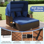 ORALNER Outdoor Daybed, 2-Person Wicker Patio Sofa with Retractable Canopy, Cushions & Pillows, 2 Side Trays, PE Rattan Double Sunbed for Deck Poolside Garden Balcony Backyard (Navy, Mix Brown)