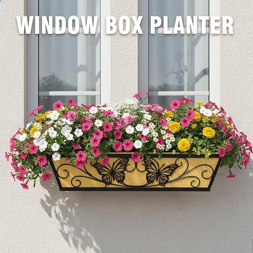 2 Pack 24 Inch Window Boxes Planter Railing Planters Box with Adjustable Brackets for Porch Deck Balcony Hanging Butterfly Decorative Flower Baskets & Non-Woven Fabric Liner for Outdoor Plants - Black