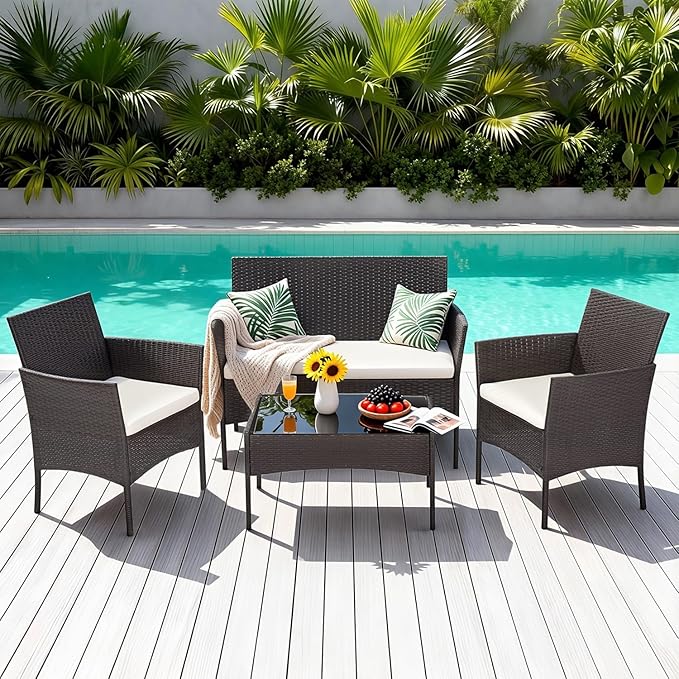 FDW | 4-Piece Patio Furniture Set | Brown | Outdoor Wicker Furniture with Coffee Table | Modern Rattan Chairs Conversation Set | Outdoor Seating | Weather-Resistant | for Porch, Garden, Lawn