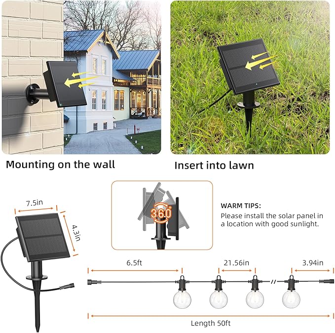 String Lights, 100FT Solar Outdoor Edison Bulbs in Warm White