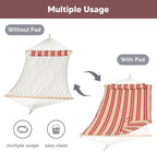 SUNCREAT Two Person Rope Hammock with Pad, Hanging Tree Double Hammock with Large Pillow, Hardwood Spreader Bar, Red Stripe