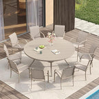 VICLLAX Large Patio Dining Furniture Set, Outdoor Dining Set for 10-60" Round Outdoor Table and Patio Stackable Chairs, Sandshell Color Tabletop and Fabric