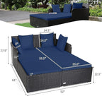 RELAX4LIFE Rattan Patio Outdoor Daybed, Wicker 2-Person Sunbed Loveseat with Soft Cushions, 4 Pillows, Curved Backrest & Armrest, Double Bed Lounger Sofa Set for Balcony Porch, Patio Bed (Navy)