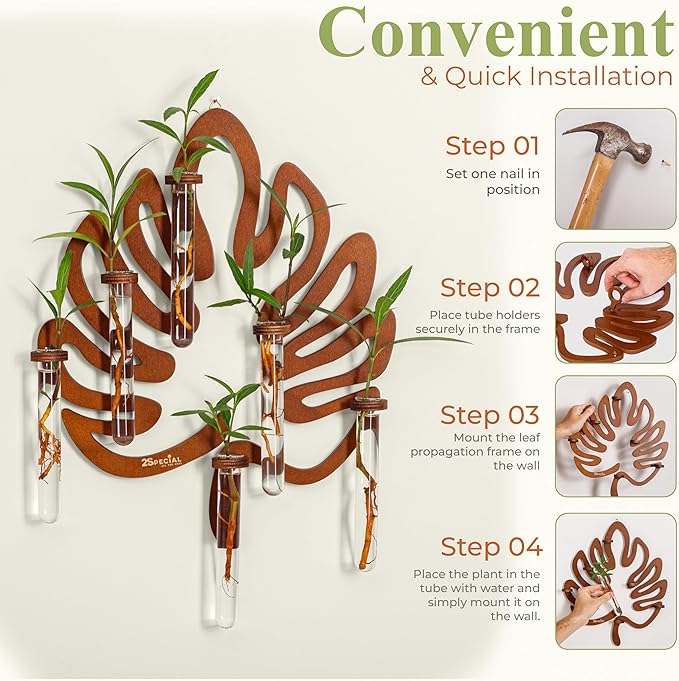 Vertical Wall Planters, Wood Leaf Frame for Up to 6 Cuttings, Dark Nutmeg