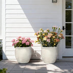 12" Dia Fiberstone Planter – Modern Farmhouse Indoor/Outdoor Flower Pot, Beige Container with Grainy Matte Texture & Built-in Drainage Hole | Decorative Pot for Patio, Porch, Garden