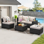 5 Pieces Patio Furniture Set All-Weather Outdoor Wicker Sectional Conversation Sofa Rattan Patio Seating Sofa with Cushion and Glass Table and Ottoman for Porch,Beige