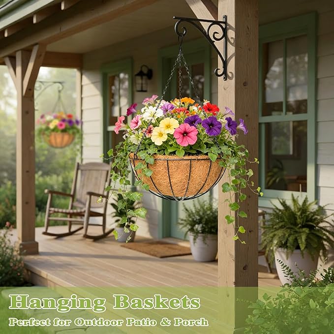 4 Pack 12 Inch Hanging Baskets for Plants Outdoor Metal Hanging Planter Hanging Flower Baskets with Coco Fiber Liners Chain Round Wire Plant Holder Hangings Flower Pots(Watermelon)