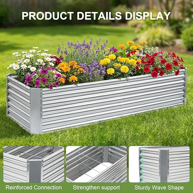 8x2x2ft Raised Garden Bed - Galvanized Deep Root Planter Boxes Outdoor with Wing Nuts and Safety Edges for Gardening Vegetables, Flowers, Herbs, Succulents - Silver