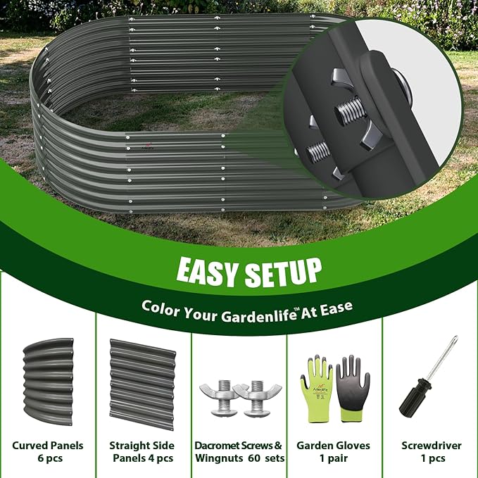 A ANLEOLIFE 12-Set 8X4X2 ft Galvanized Raised Garden Bed Kit, Oval Metal Deep Root Planters for Outdoor Plants, Quartz Grey