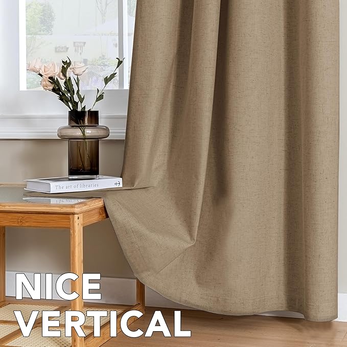 H.VERSAILTEX Linen Curtains 100% Blackout Curtains for Bedroom 96 inch Long Full Light Blocking Nature Linen Blended Window Curtains for Living Room Nickel Grommet (2 Panels, Heathered Macchiato)
