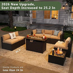 Aoxun 8 Piece Patio Furniture Set with 44” Fire Pit Table Wicker Rattan Patio Sectional Sofa Set Outdoor Seating Furniture with Thickened Cushion, Beige