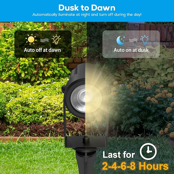 ZYAN Landscape Spotlights with Sensor, 5 Lighting Modes for Brightness Adjustment, Dimmable Timer Auto On Off, Low Voltage Outdoor IP65 Waterproof for Patio Yard Garden Pathway, Warm White (4 Pack)