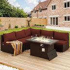 NICESOUL 6 Piece L-Shaped Modern Outdoor Furniture Set with Firepit Natural Gas/Propane, 29.3'' High-Back Deep Wide Seat Patio Conversations for Outside, Large Size Sofa, Brown Rattan and Red Cushion