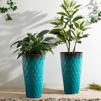 Glitzhome 23.75" H Oversized Tall Planter, Set of 2 Wavy Texture Turquoise Large Planters for Outdoor Plants, with Drainage Hole, Plastic Large Flower Pots for Porch,Garden, Patio or Indoor Use