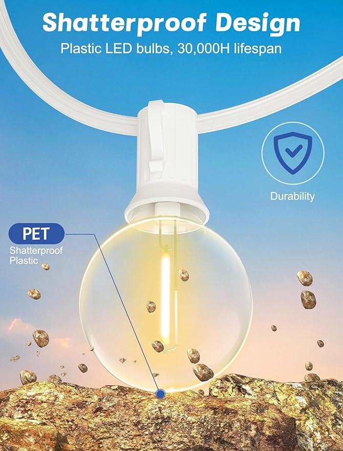 String Lights, Warm White G40 LED, 50 Bulbs, Shatterproof, Outdoor