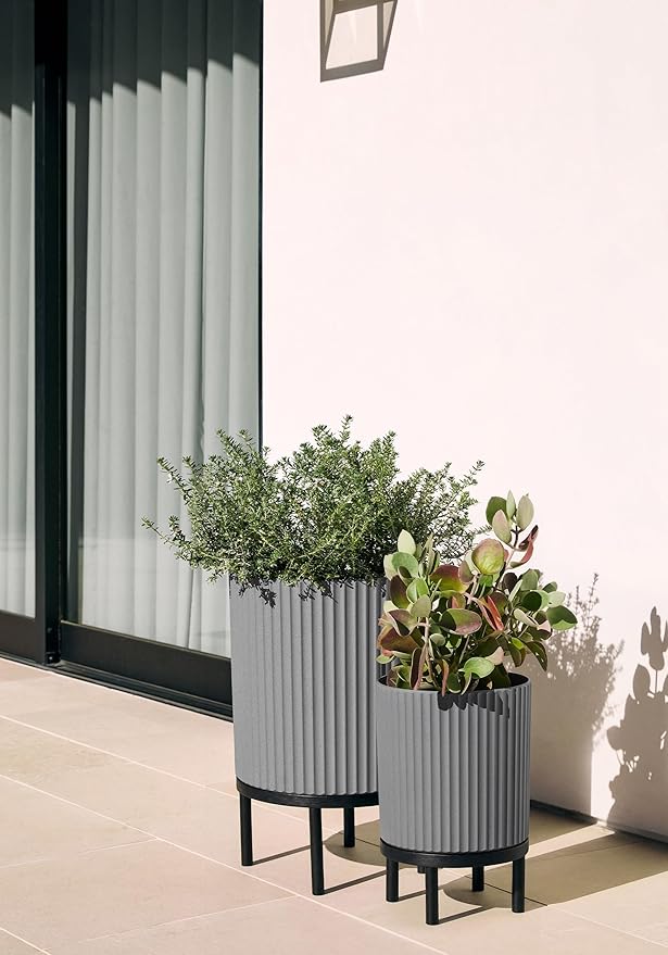 Veradek Demi Series Round Planter w/Stand for Porch/Patio | Durable Plastic-Stone Composite & Wooden Stand | Modern Décor for Tall Plants, Flowers