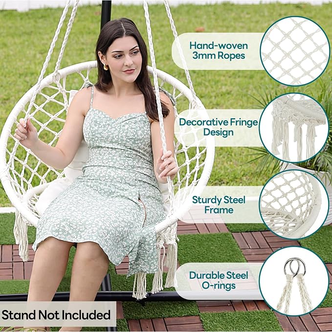 Hammock Chair, Beige Cotton Macrame, 2 Cushions, 330 lb Max Load