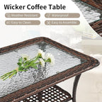 VINGLI Outdoor Coffee Table with Storage Wicker Patio Coffee Table, Tempered Glass Top Coffee Table for Patio Outside Balcony Porch Deck (Brown)
